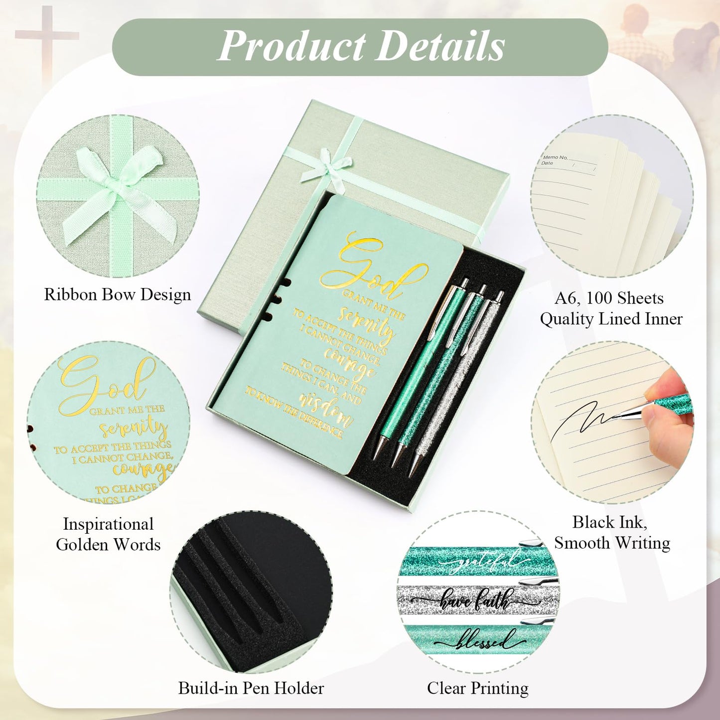 Spakon 5 Pcs Serenity Prayer Recovery Journal Gifts Christian Journal Christmas Sobriety Gifts for Women Leather Notebook 3 Ballpoint Pens with Box for Pastor's Wife Godmother Sunday School, Pink