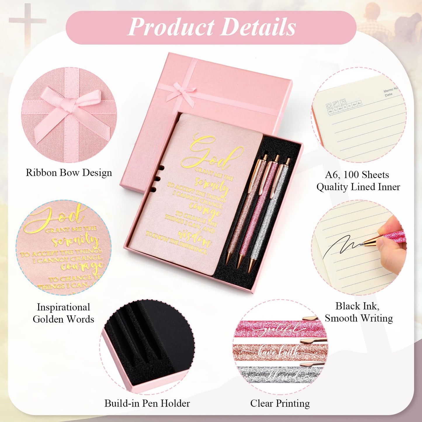 Spakon 5 Pcs Serenity Prayer Recovery Journal Gifts Christian Journal Christmas Sobriety Gifts for Women Leather Notebook 3 Ballpoint Pens with Box for Pastor's Wife Godmother Sunday School, Pink