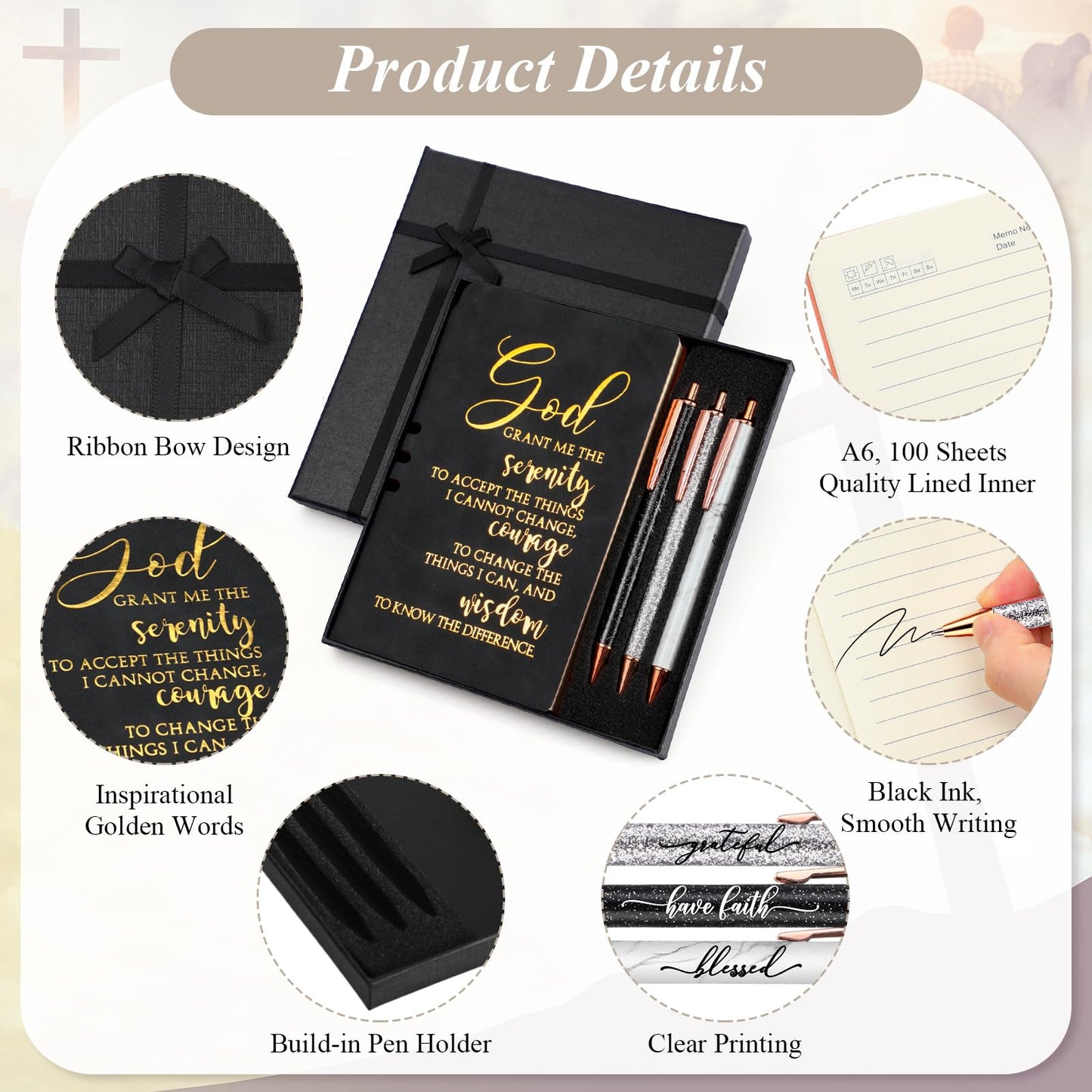 Spakon 5 Pcs Serenity Prayer Recovery Journal Gifts Christian Journal Christmas Sobriety Gifts for Women Leather Notebook 3 Ballpoint Pens with Box for Pastor's Wife Godmother Sunday School, Pink