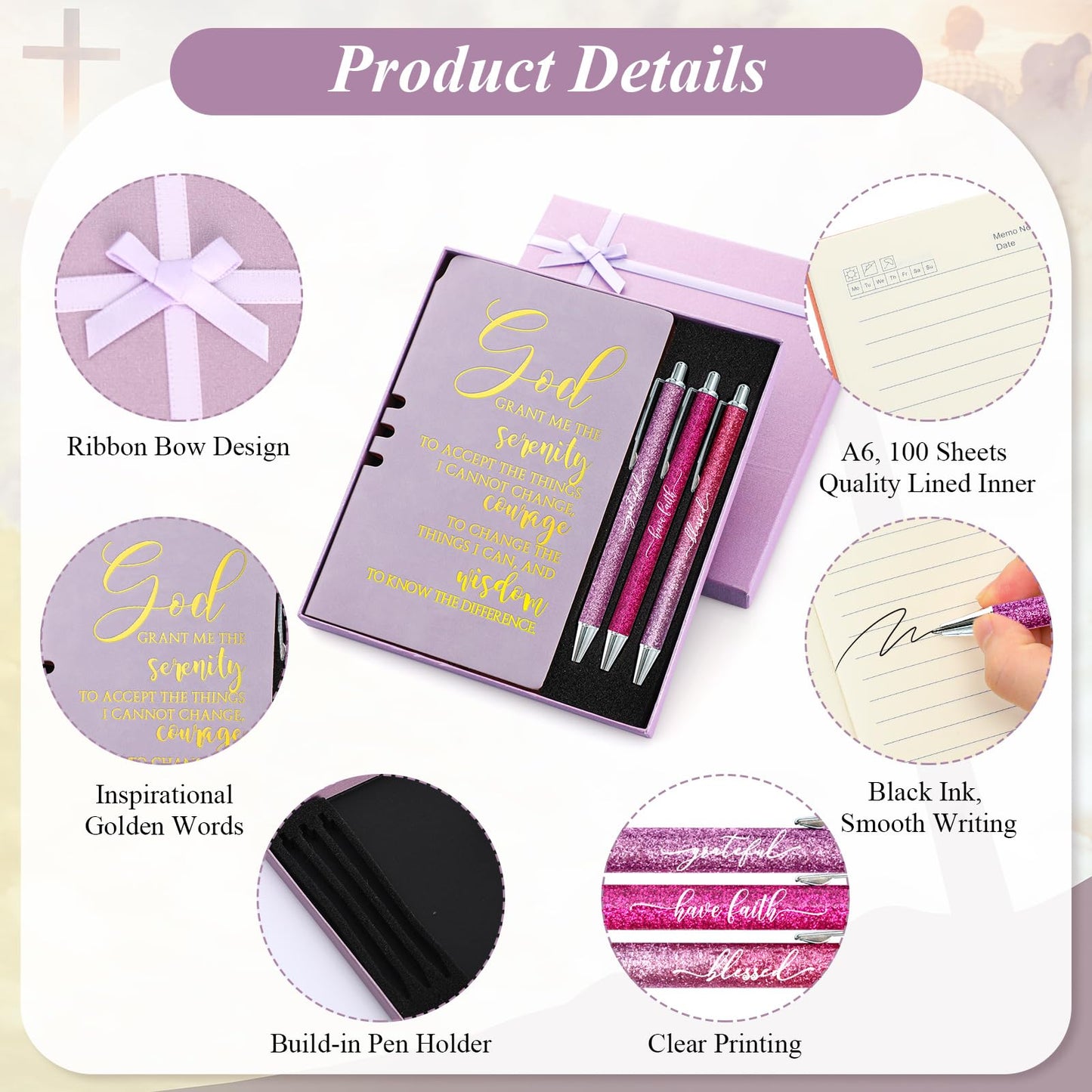 Spakon 5 Pcs Serenity Prayer Recovery Journal Gifts Christian Journal Christmas Sobriety Gifts for Women Leather Notebook 3 Ballpoint Pens with Box for Pastor's Wife Godmother Sunday School, Pink