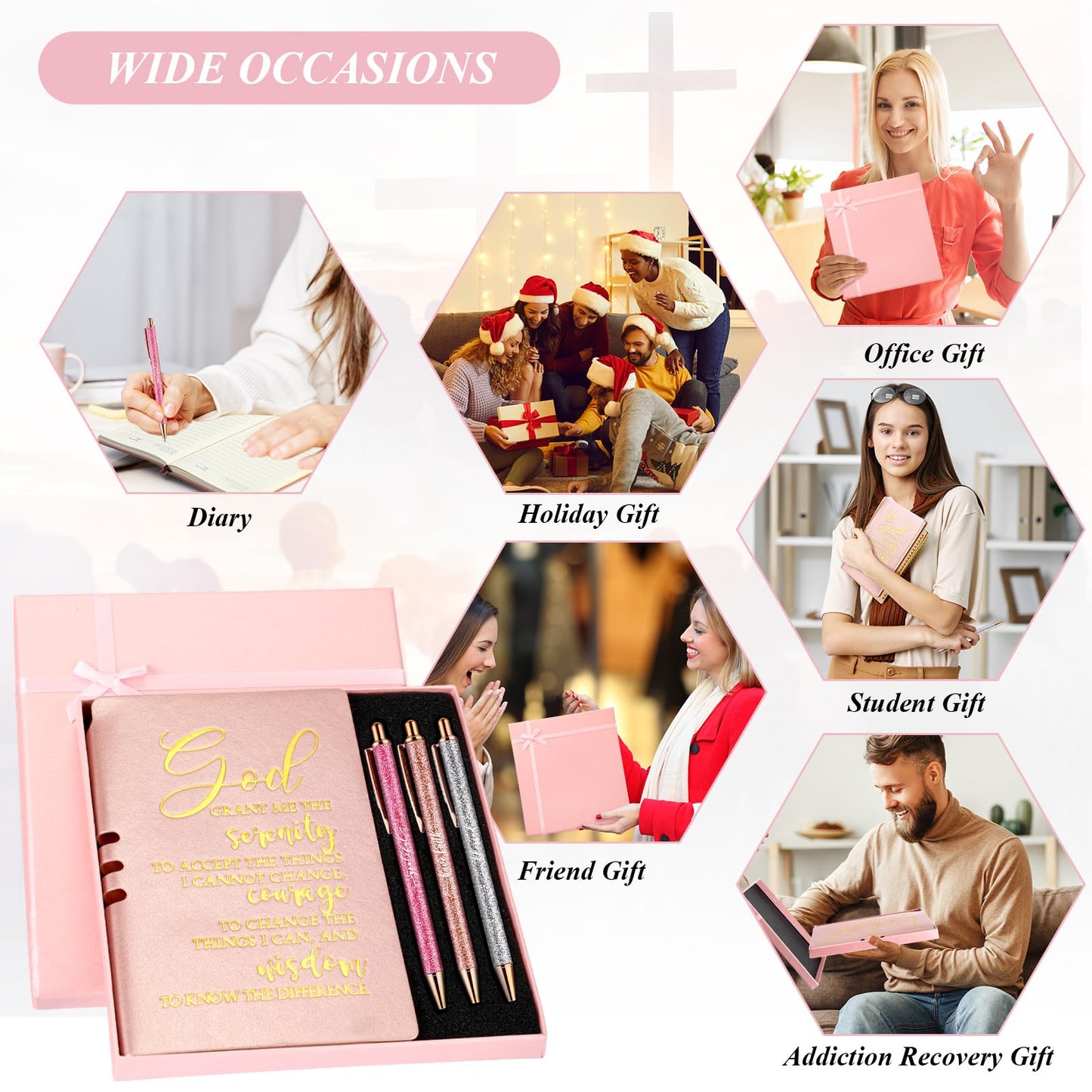 Spakon 5 Pcs Serenity Prayer Recovery Journal Gifts Christian Journal Christmas Sobriety Gifts for Women Leather Notebook 3 Ballpoint Pens with Box for Pastor's Wife Godmother Sunday School, Pink
