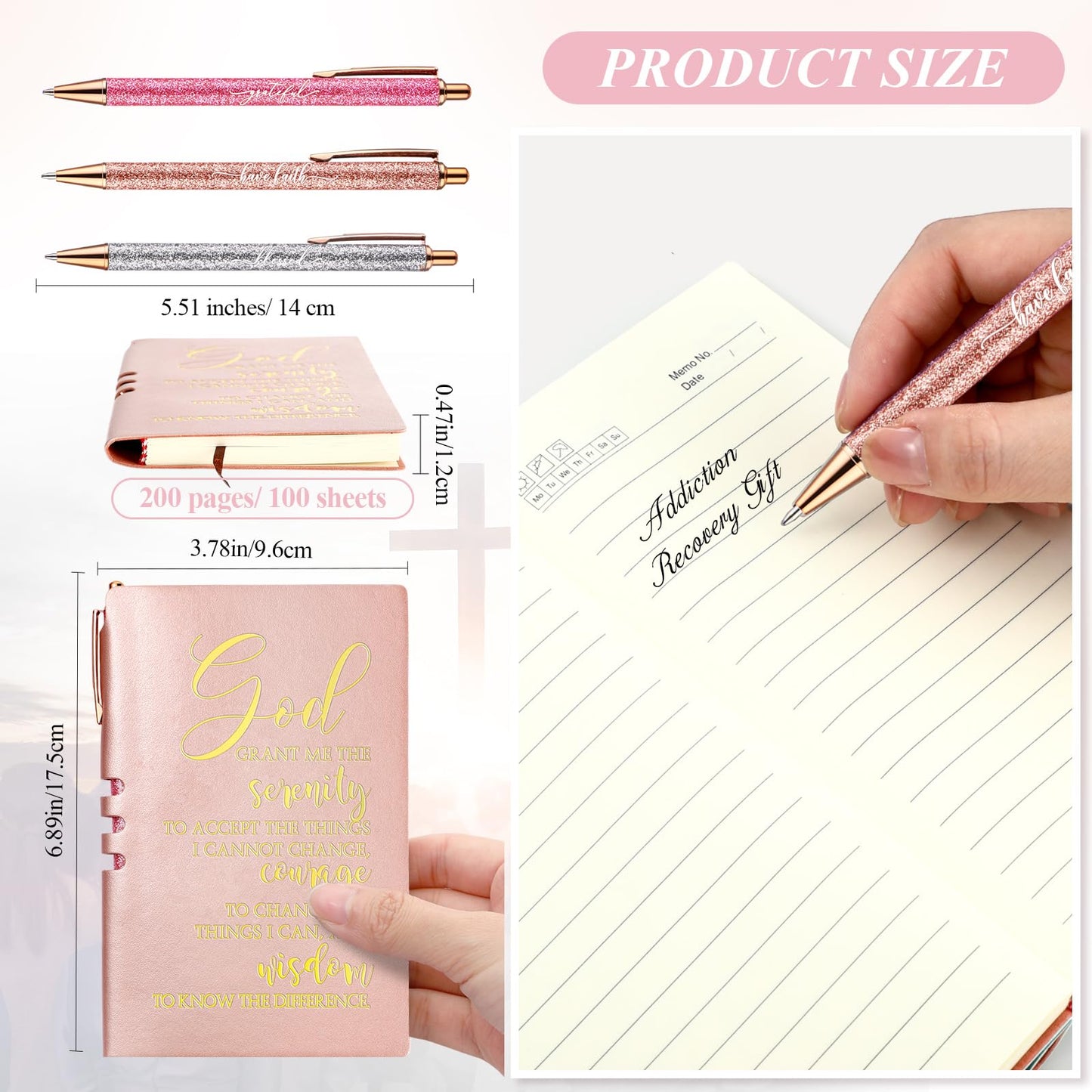 Spakon 5 Pcs Serenity Prayer Recovery Journal Gifts Christian Journal Christmas Sobriety Gifts for Women Leather Notebook 3 Ballpoint Pens with Box for Pastor's Wife Godmother Sunday School, Pink