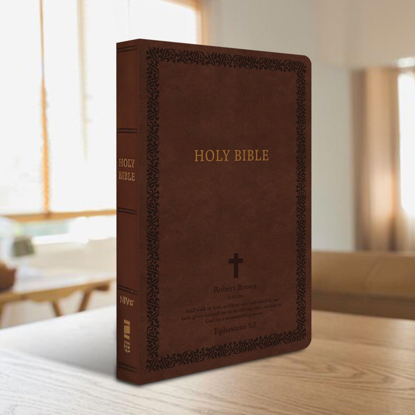 Personalized NIV Thinline Holy Bible Faux Leather Large Print Size | Custom with Name, Date or Text | Gift for Christian & Religious Celebrations | Brown