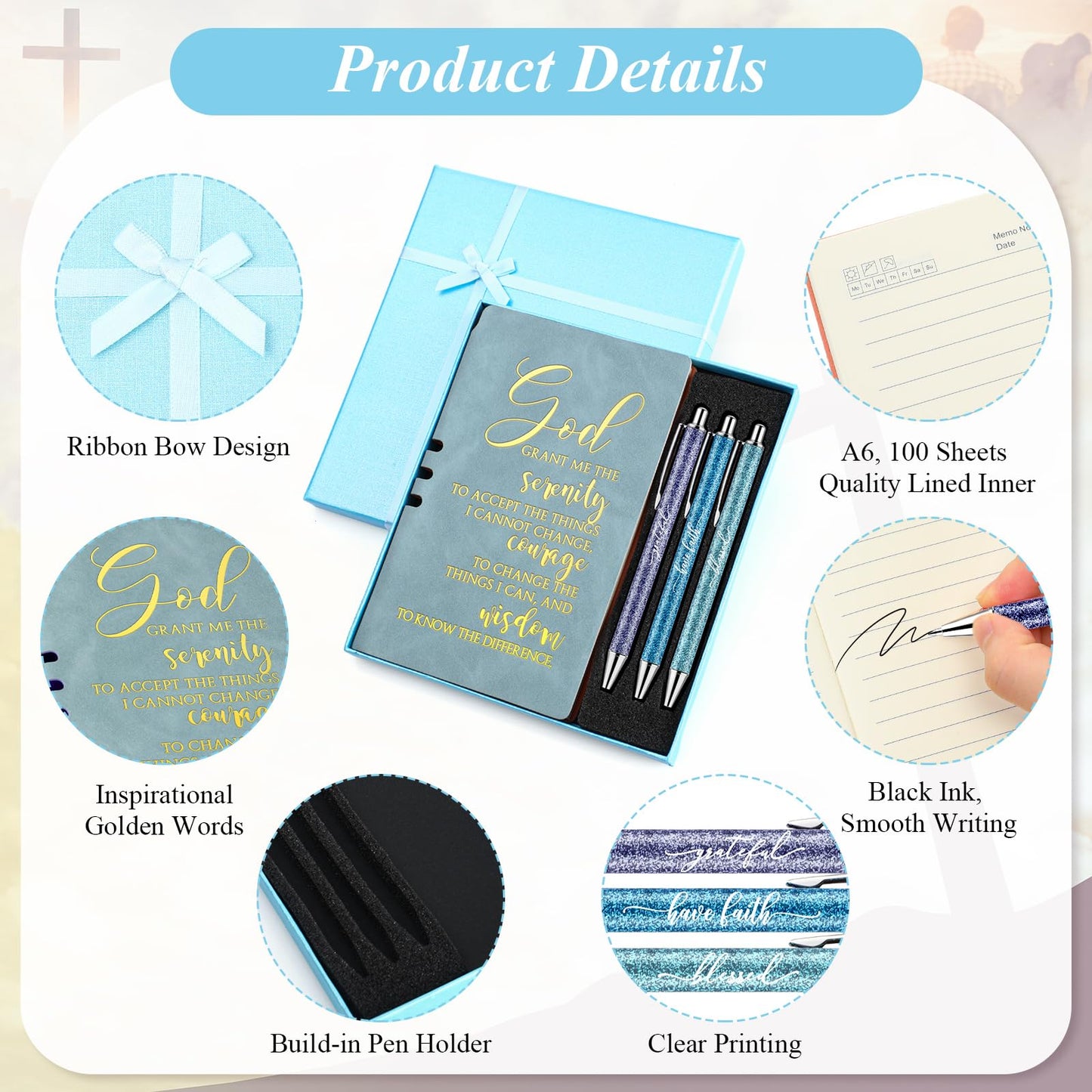 Spakon 5 Pcs Serenity Prayer Recovery Journal Gifts Christian Journal Christmas Sobriety Gifts for Women Leather Notebook 3 Ballpoint Pens with Box for Pastor's Wife Godmother Sunday School, Pink