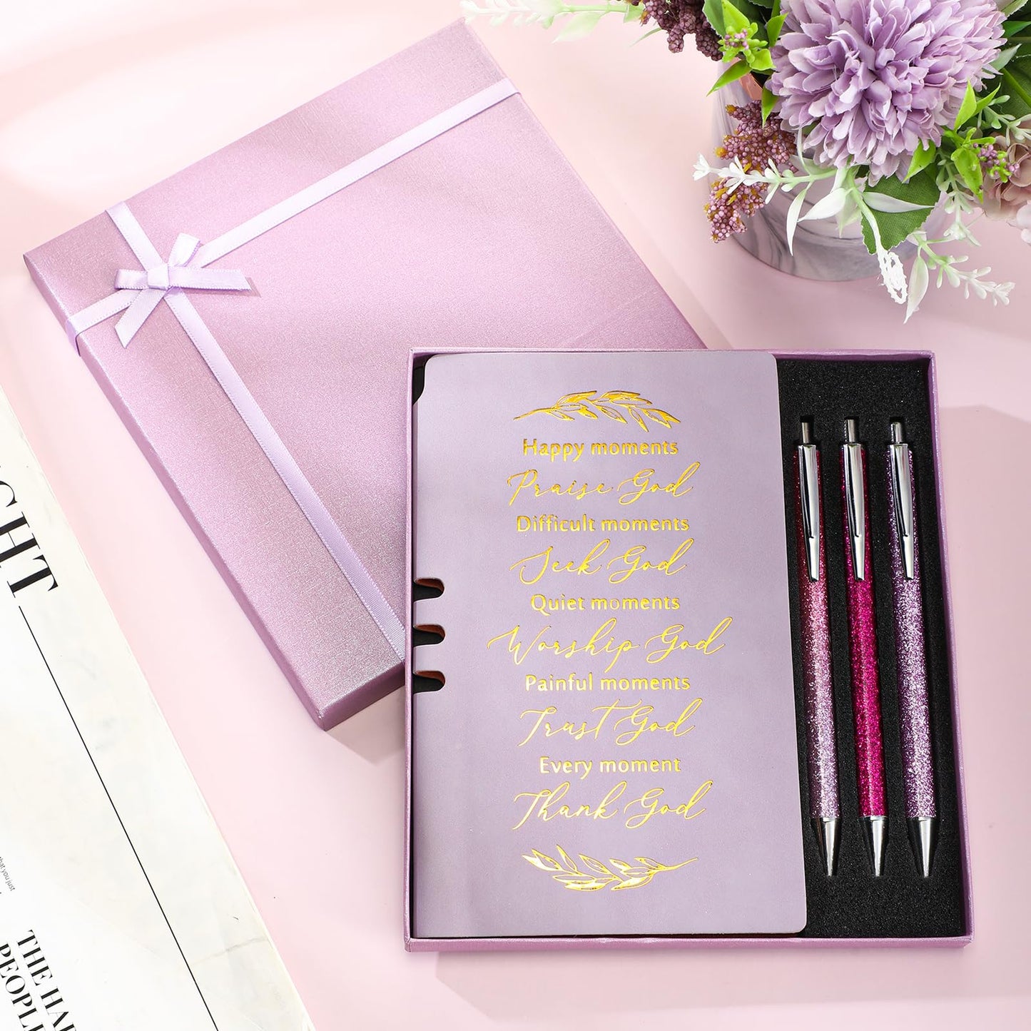 Spakon 5 Pcs Serenity Prayer Recovery Journal Gifts Christian Journal Christmas Sobriety Gifts for Women Leather Notebook 3 Ballpoint Pens with Box for Pastor's Wife Godmother Sunday School, Pink