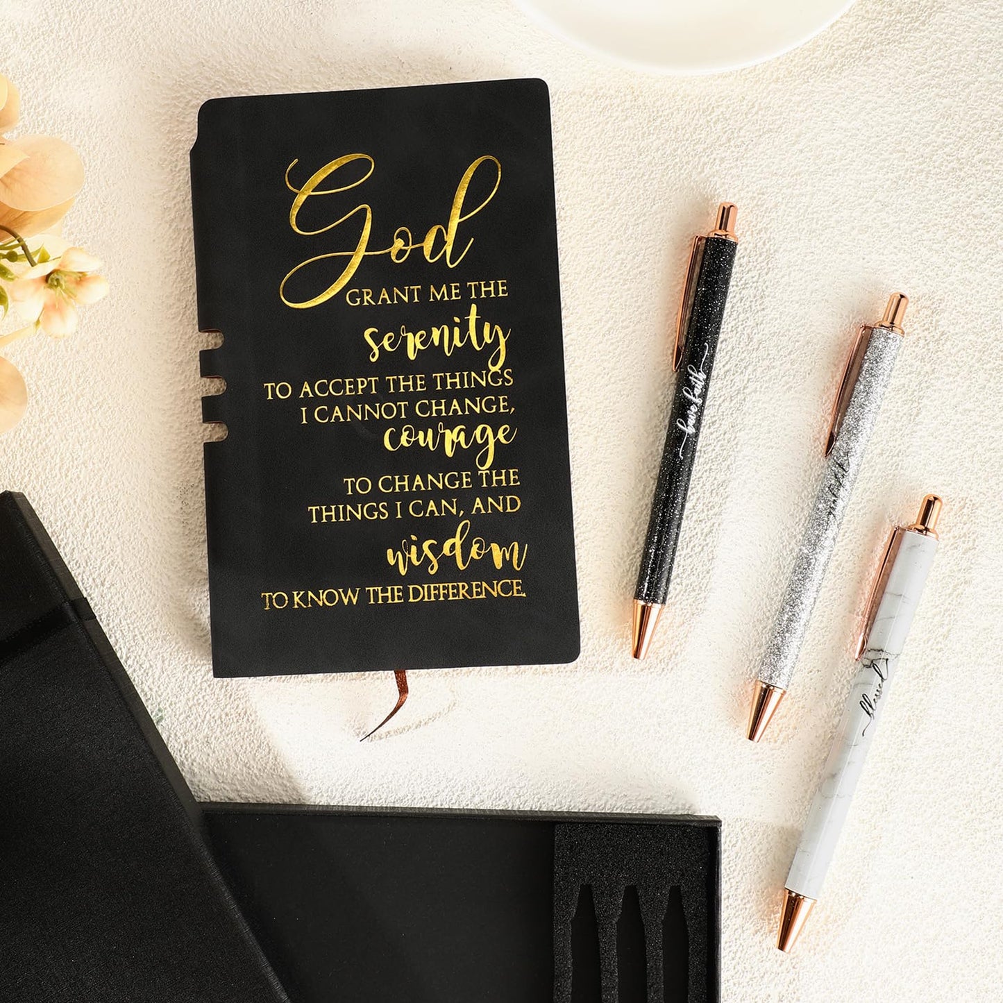 Spakon 5 Pcs Serenity Prayer Recovery Journal Gifts Christian Journal Christmas Sobriety Gifts for Women Leather Notebook 3 Ballpoint Pens with Box for Pastor's Wife Godmother Sunday School, Pink