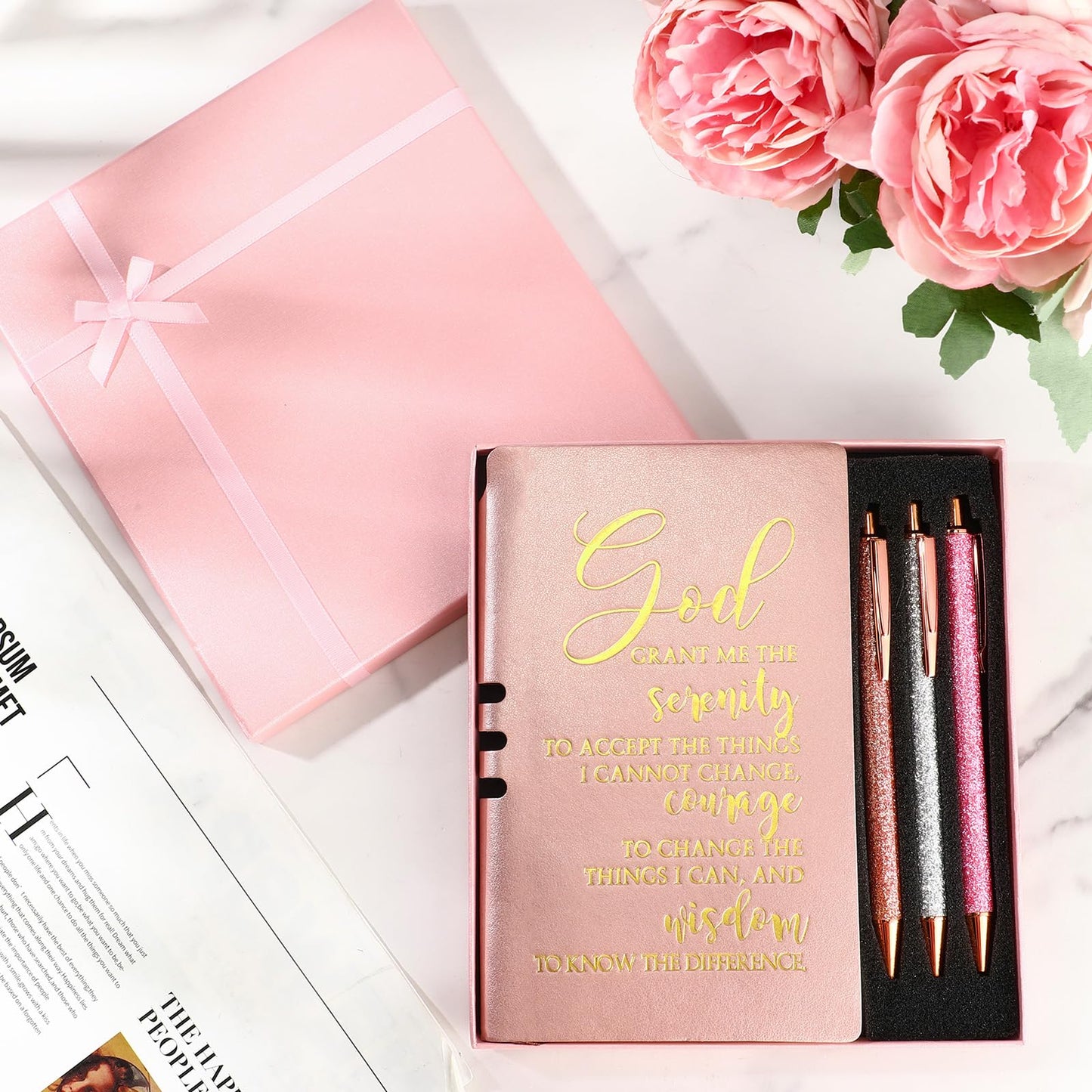 Spakon 5 Pcs Serenity Prayer Recovery Journal Gifts Christian Journal Christmas Sobriety Gifts for Women Leather Notebook 3 Ballpoint Pens with Box for Pastor's Wife Godmother Sunday School, Pink