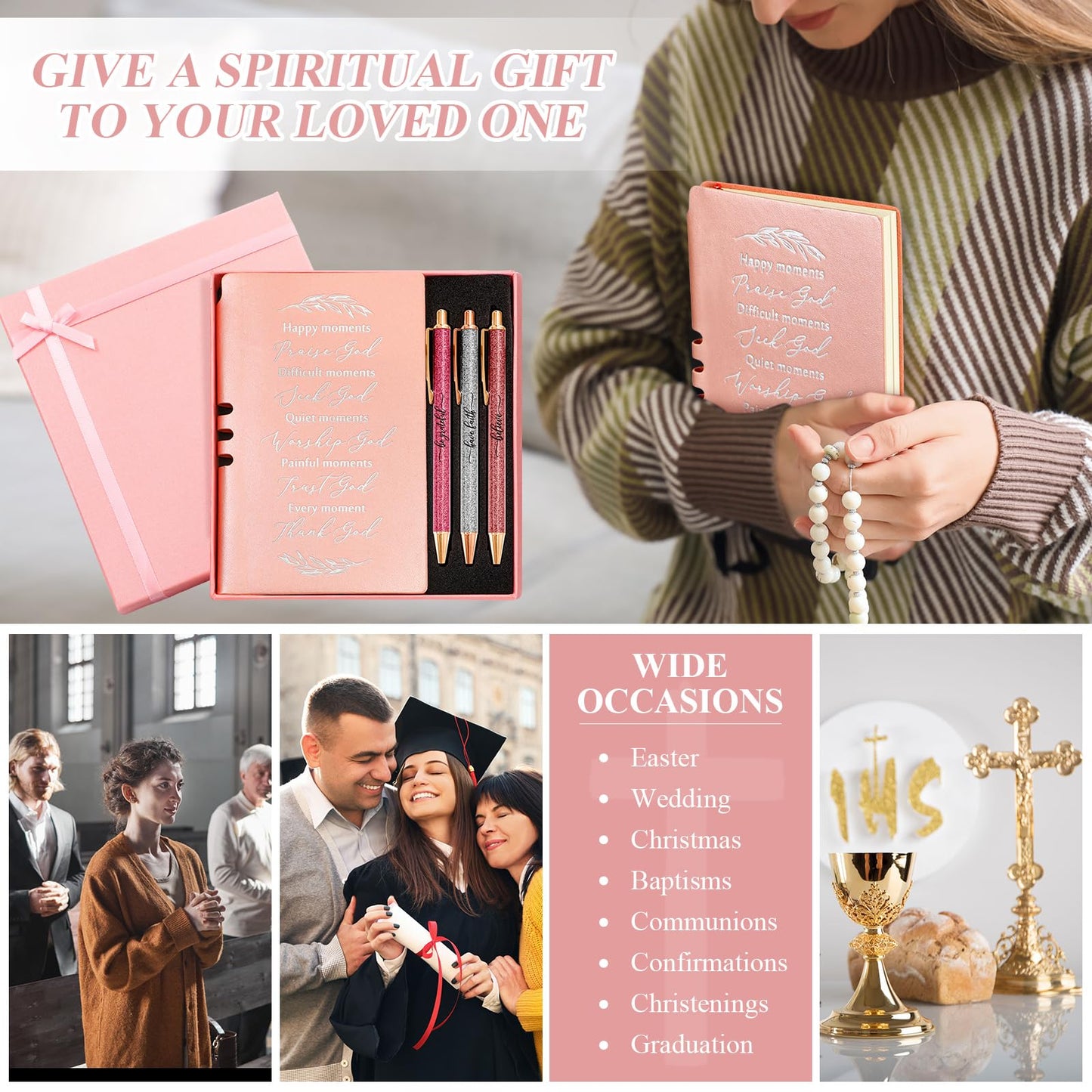 Spakon 5 Pcs Serenity Prayer Recovery Journal Gifts Christian Journal Christmas Sobriety Gifts for Women Leather Notebook 3 Ballpoint Pens with Box for Pastor's Wife Godmother Sunday School, Pink