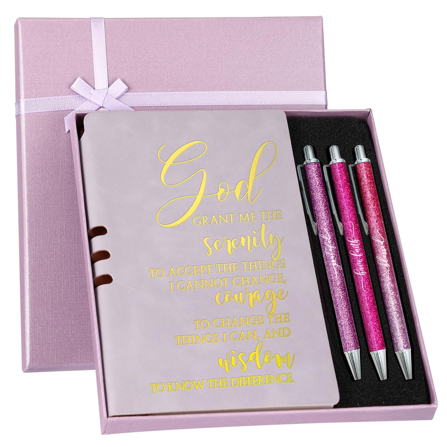 Spakon 5 Pcs Serenity Prayer Recovery Journal Gifts Christian Journal Christmas Sobriety Gifts for Women Leather Notebook 3 Ballpoint Pens with Box for Pastor's Wife Godmother Sunday School, Pink