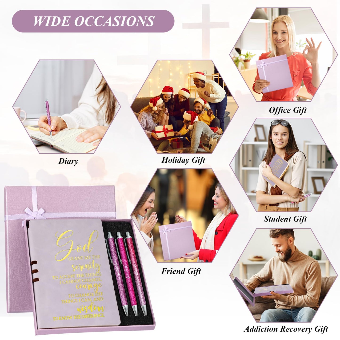 Spakon 5 Pcs Serenity Prayer Recovery Journal Gifts Christian Journal Christmas Sobriety Gifts for Women Leather Notebook 3 Ballpoint Pens with Box for Pastor's Wife Godmother Sunday School, Pink