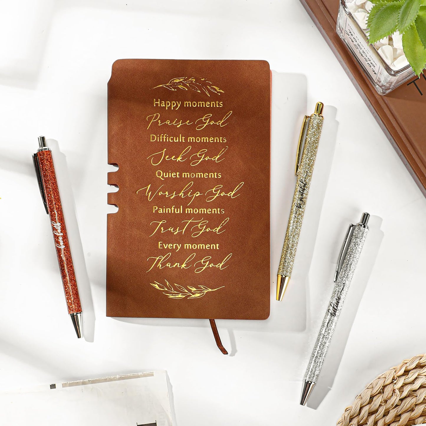 Spakon 5 Pcs Serenity Prayer Recovery Journal Gifts Christian Journal Christmas Sobriety Gifts for Women Leather Notebook 3 Ballpoint Pens with Box for Pastor's Wife Godmother Sunday School, Pink