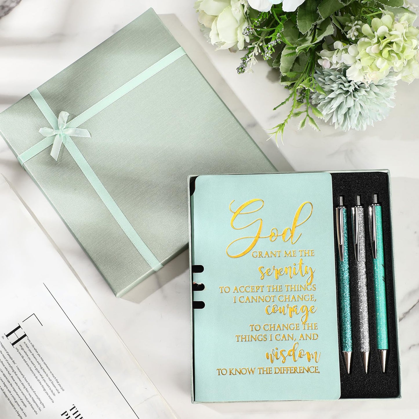 Spakon 5 Pcs Serenity Prayer Recovery Journal Gifts Christian Journal Christmas Sobriety Gifts for Women Leather Notebook 3 Ballpoint Pens with Box for Pastor's Wife Godmother Sunday School, Pink