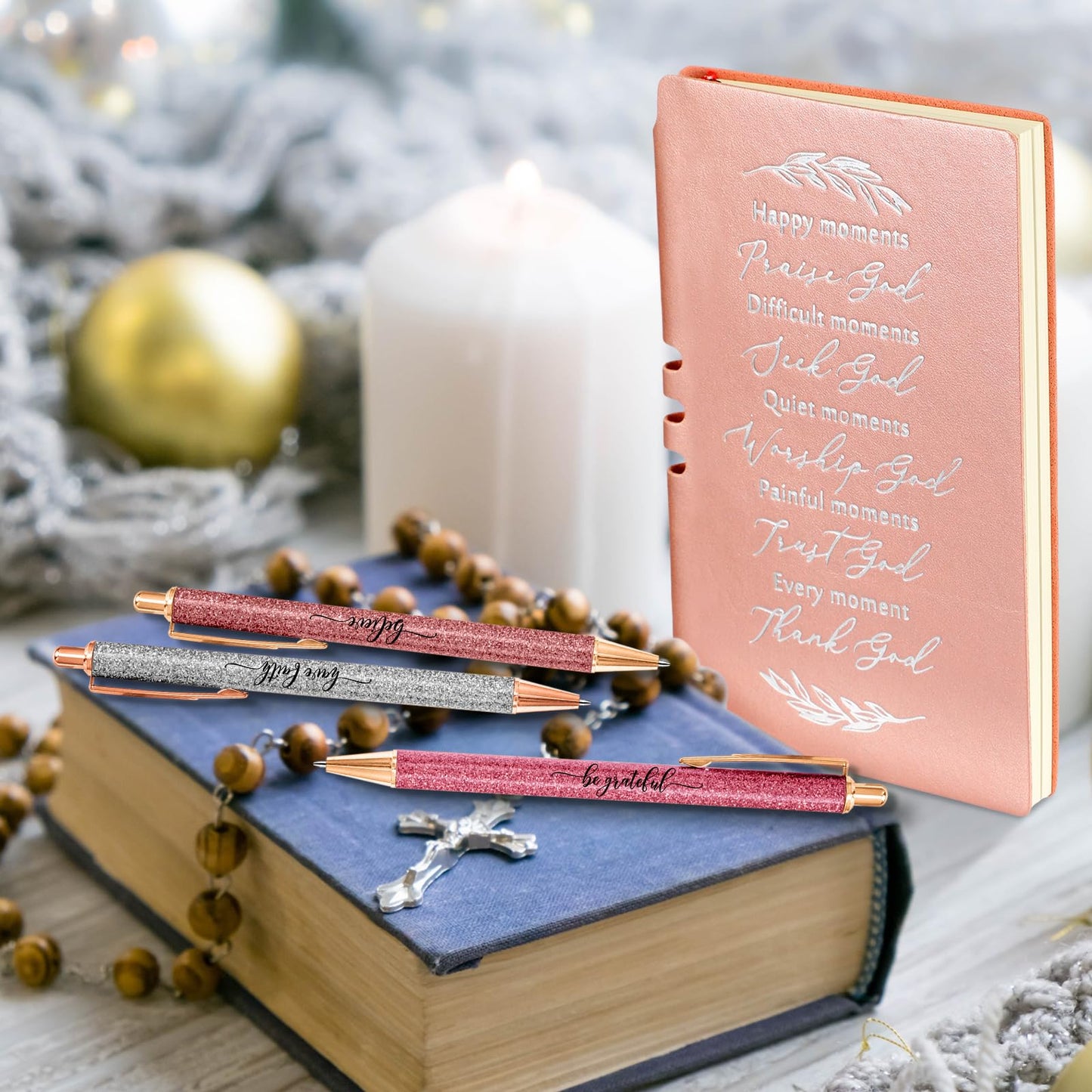 Spakon 5 Pcs Serenity Prayer Recovery Journal Gifts Christian Journal Christmas Sobriety Gifts for Women Leather Notebook 3 Ballpoint Pens with Box for Pastor's Wife Godmother Sunday School, Pink