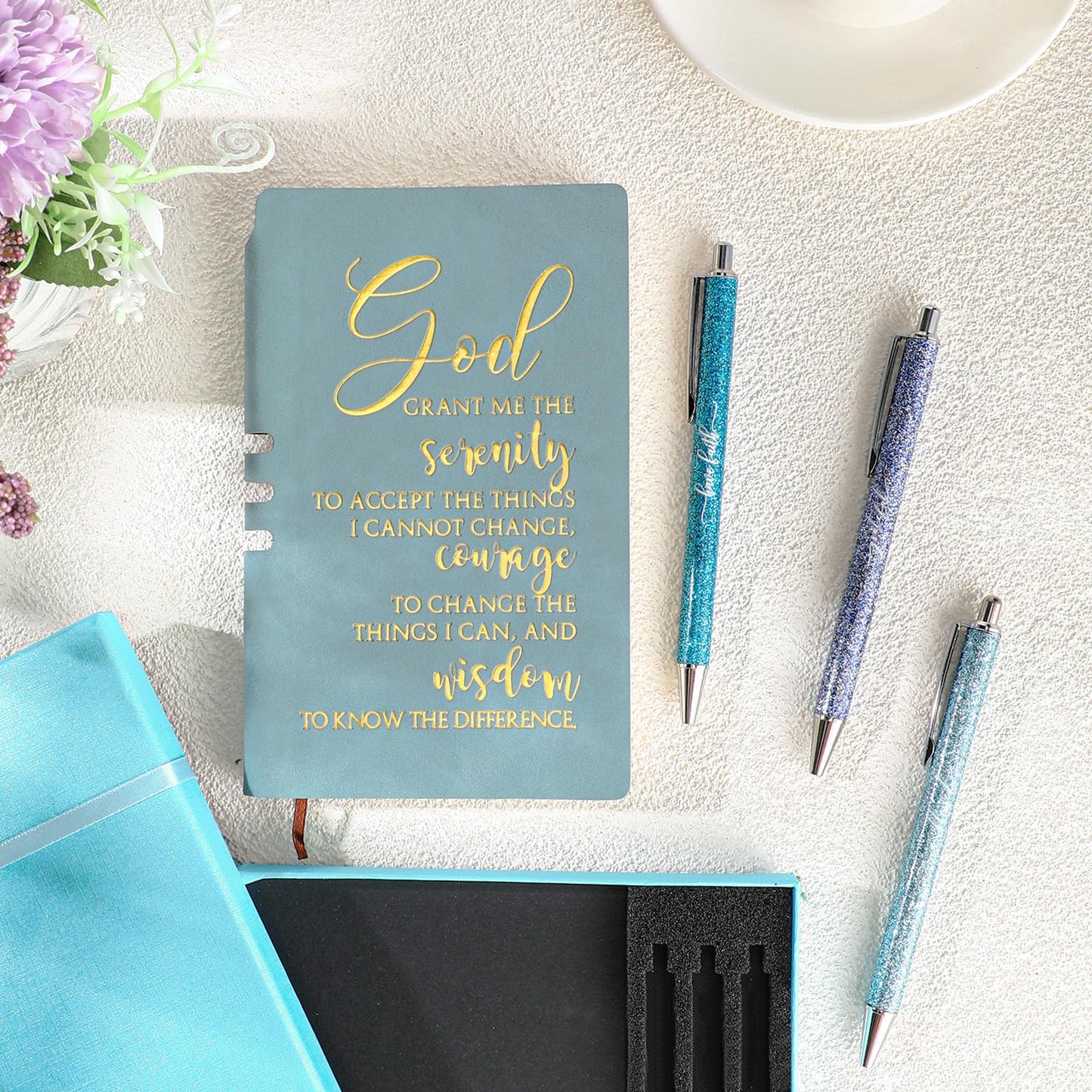 Spakon 5 Pcs Serenity Prayer Recovery Journal Gifts Christian Journal Christmas Sobriety Gifts for Women Leather Notebook 3 Ballpoint Pens with Box for Pastor's Wife Godmother Sunday School, Pink