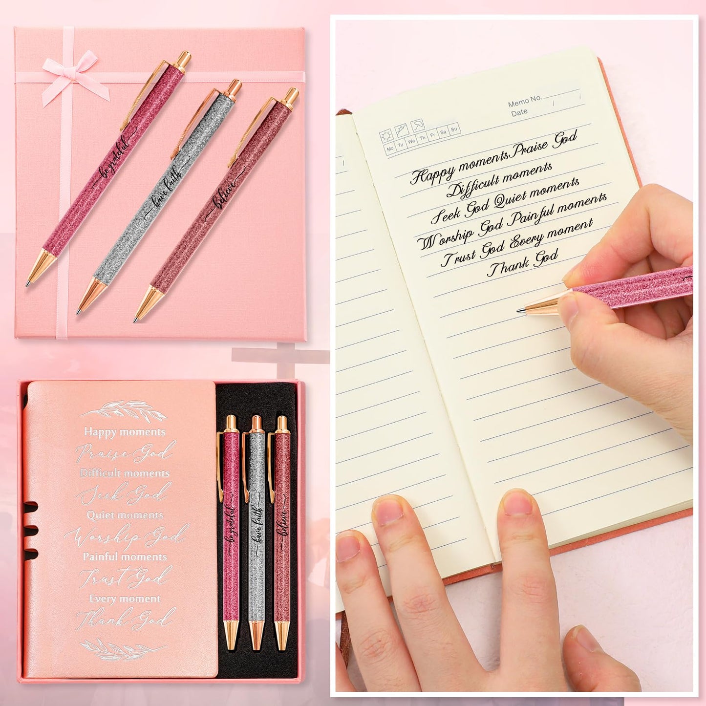 Spakon 5 Pcs Serenity Prayer Recovery Journal Gifts Christian Journal Christmas Sobriety Gifts for Women Leather Notebook 3 Ballpoint Pens with Box for Pastor's Wife Godmother Sunday School, Pink