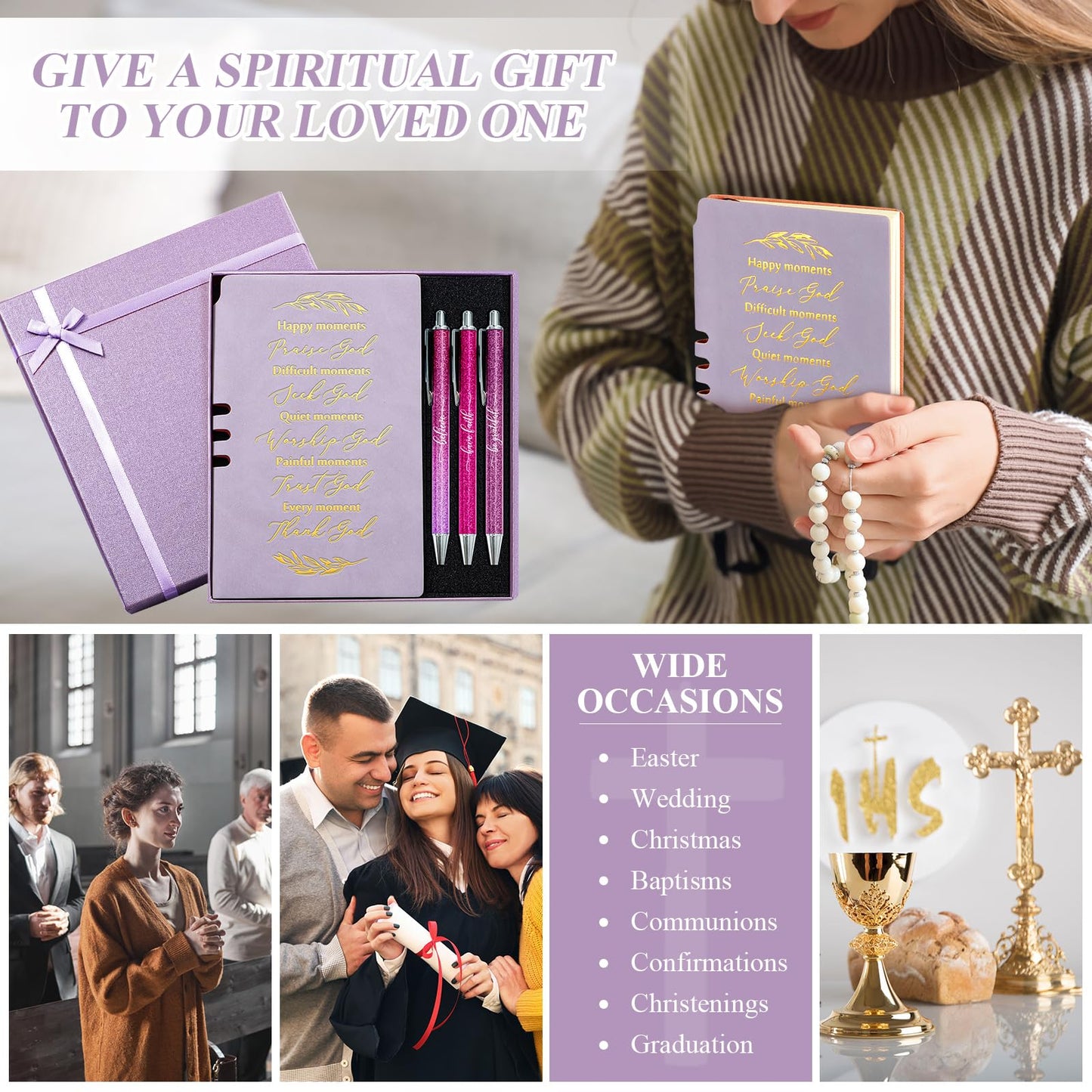 Spakon 5 Pcs Serenity Prayer Recovery Journal Gifts Christian Journal Christmas Sobriety Gifts for Women Leather Notebook 3 Ballpoint Pens with Box for Pastor's Wife Godmother Sunday School, Pink