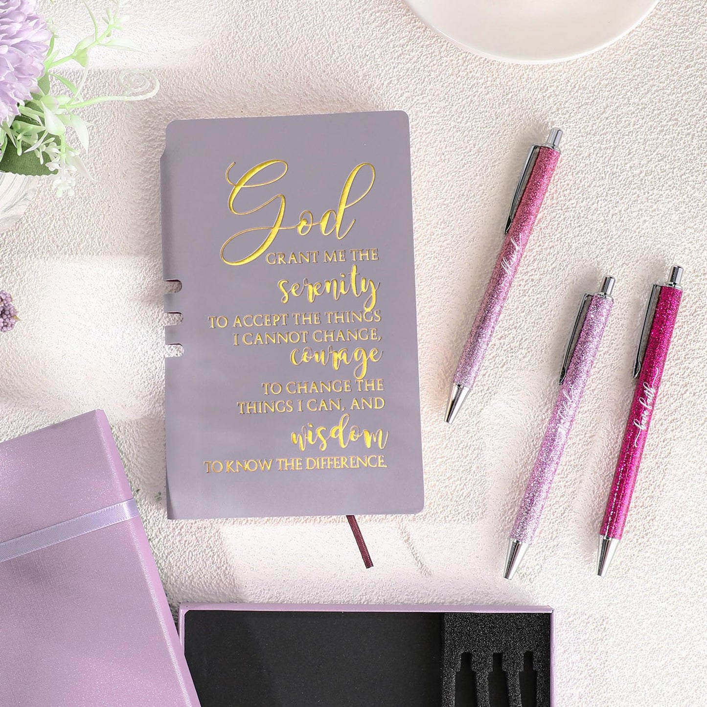 Spakon 5 Pcs Serenity Prayer Recovery Journal Gifts Christian Journal Christmas Sobriety Gifts for Women Leather Notebook 3 Ballpoint Pens with Box for Pastor's Wife Godmother Sunday School, Pink