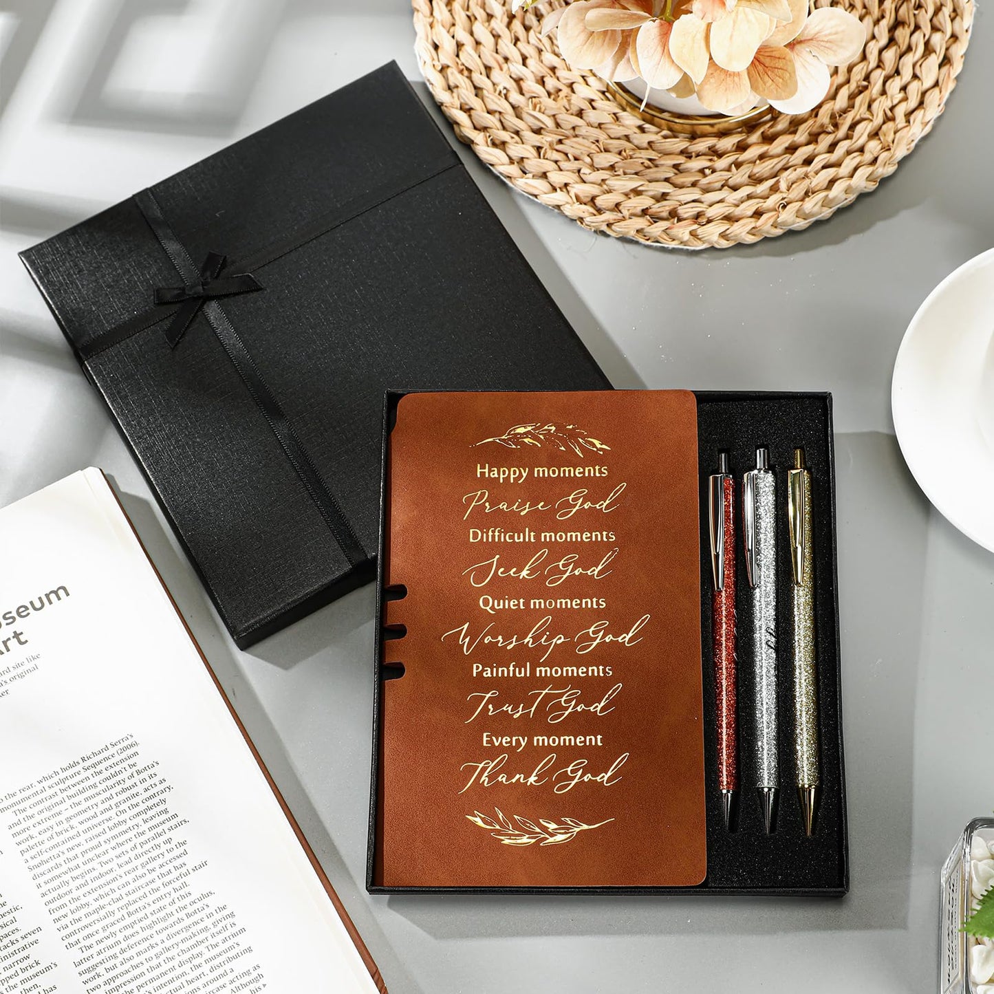 Spakon 5 Pcs Serenity Prayer Recovery Journal Gifts Christian Journal Christmas Sobriety Gifts for Women Leather Notebook 3 Ballpoint Pens with Box for Pastor's Wife Godmother Sunday School, Pink