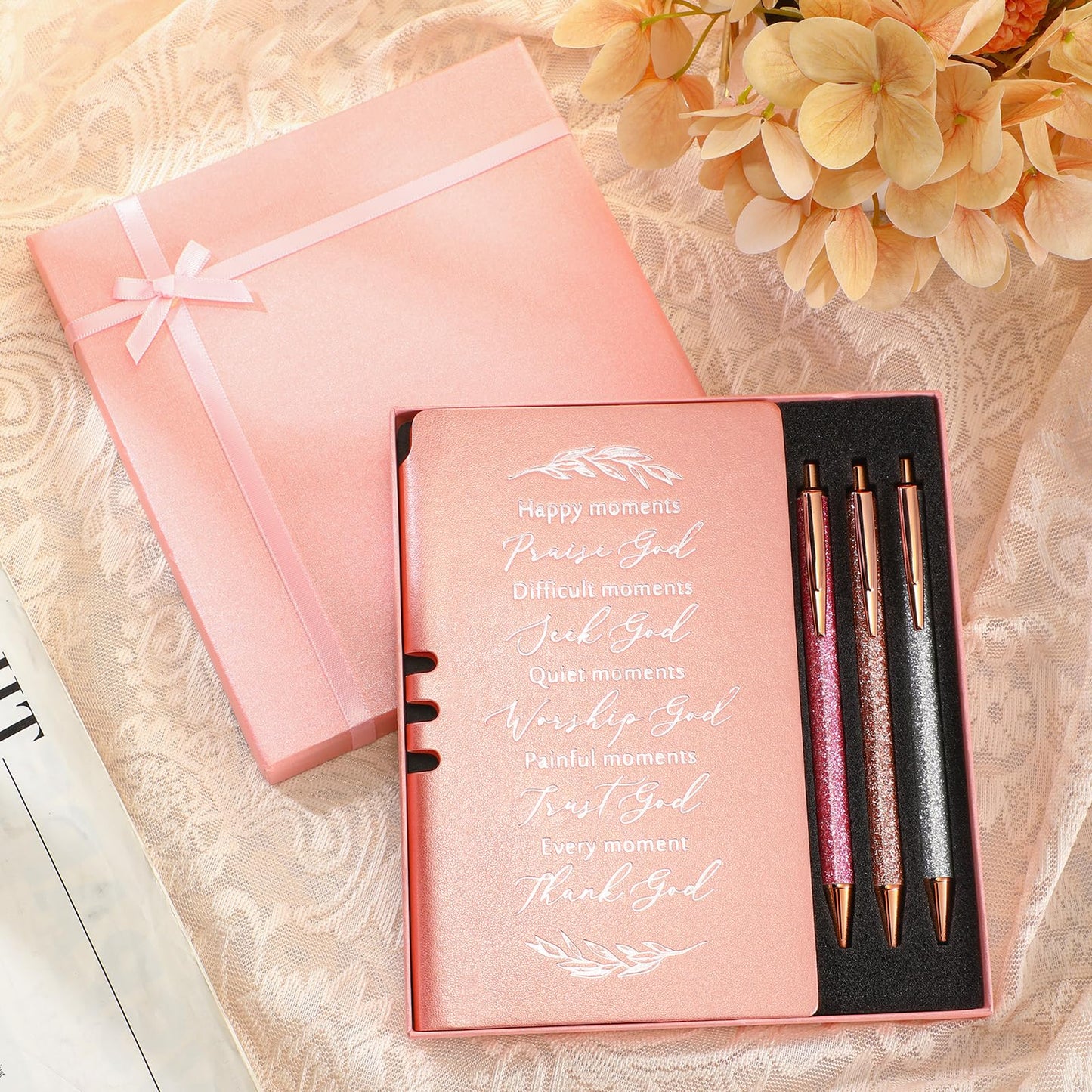 Spakon 5 Pcs Serenity Prayer Recovery Journal Gifts Christian Journal Christmas Sobriety Gifts for Women Leather Notebook 3 Ballpoint Pens with Box for Pastor's Wife Godmother Sunday School, Pink