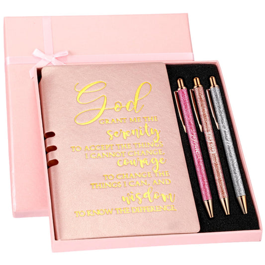 Spakon 5 Pcs Serenity Prayer Recovery Journal Gifts Christian Journal Christmas Sobriety Gifts for Women Leather Notebook 3 Ballpoint Pens with Box for Pastor's Wife Godmother Sunday School, Pink